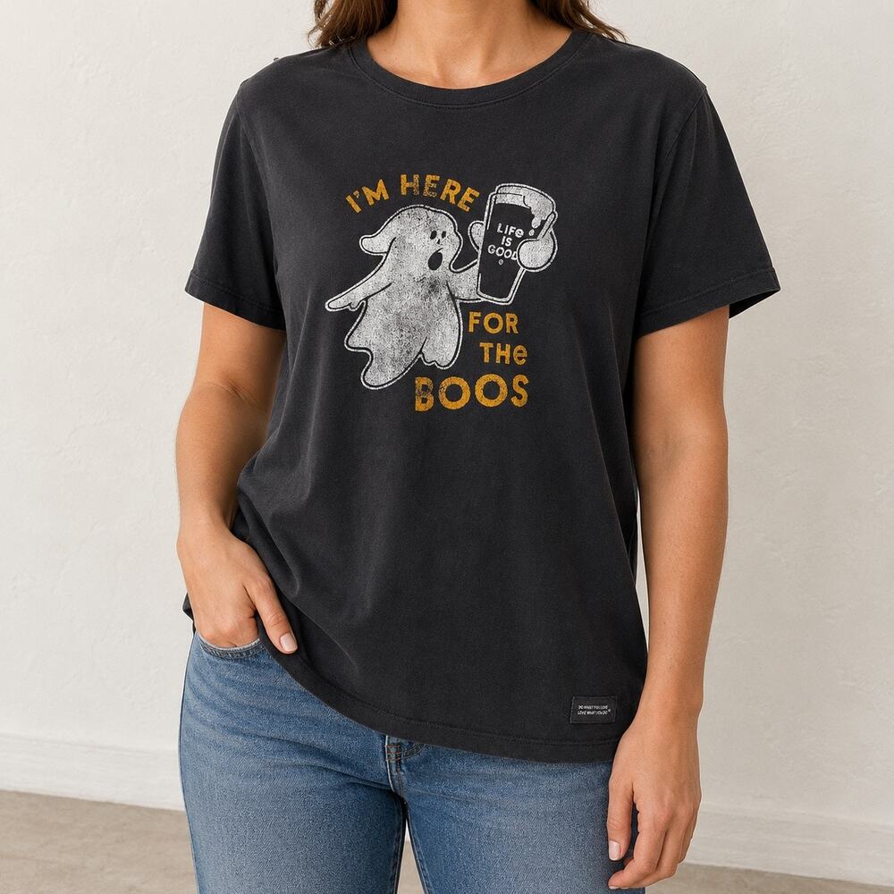 Life Is Good Here For The Boos Ghost Pint Glass Halloween Tee XL Black